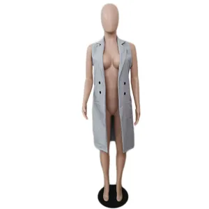 Women's sleeveless long woolen vest cardigan casual solid color lapel open front outerwear