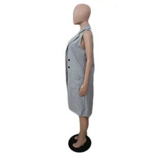 Grey sleeveless long wool vest coat for women, elegant casual outerwear with lapel and buttons.
