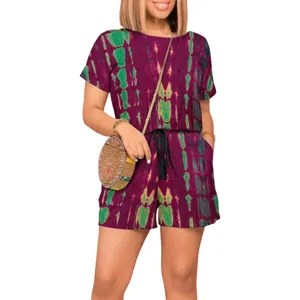 Women fashion tie dye short sleeve round neck drawstring waist romper jumpsuit chic.