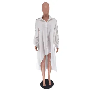 Women white eyelet hollow long sleeve irregular hem casual button down shirt blouse top