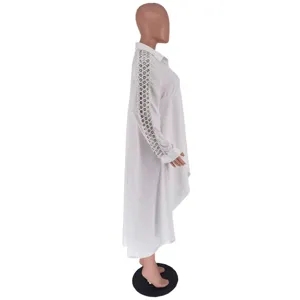 Women solid color eyelet cutout irregular loose long shirt fashionable casual top white