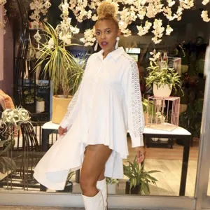 Women white asymmetric long sleeve shirt with stylish eyelet cutouts casual loose top