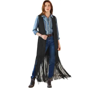 Details of the women's western style long fringe black vest featuring a sleeveless slim fit design.