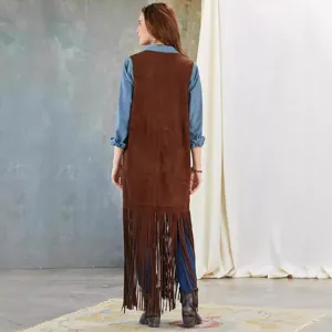 Detail view of the long brown suede fringe vest showing the sleeveless design and elegant movement.