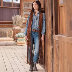 Women's long fringe suede vest boho sleeveless waistcoat vintage western outerwear clothing
