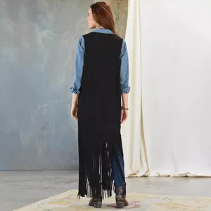 Women long fringe vest bohemian casual sleeveless slim shawl coat fashion outerwear apparel top