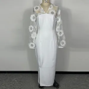 Witte mesh mouw jurk detail, 3D bloemen borduurwerk, elegante slim fit kledingstijl.