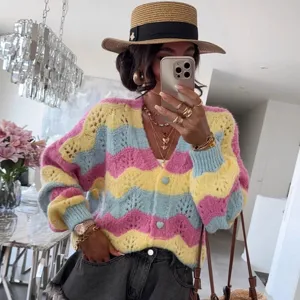 Women's Wave Pattern Color Block Hollow Out Knitted Cardigan V-Neck Long Sleeve Sweater With Heart Buttons Loose Casual Top