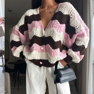Women chevron colorblock hollow out V-neck long sleeve knit cardigan sweater detail view