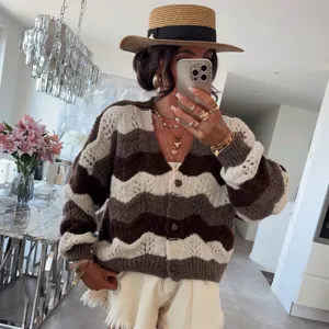 Women's chic chevron color-block hollow-out V-neck long sleeve knit cardigan sweater.