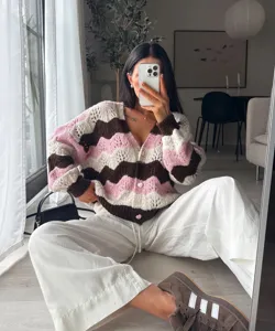Women's wave pattern colorblock hollow V-neck long sleeve knit cardigan sweater outerwear.