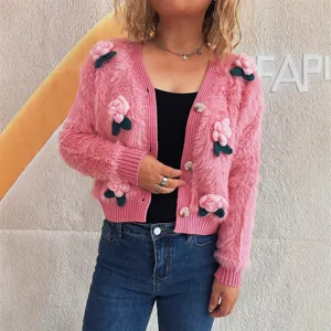 Rosa flauschige Strickjacke Damen kurzer Pullover mit 3D Blumen Applikation Detail