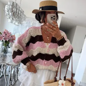 Detailed view of women's wave striped colorblock hollow v-neck long sleeve knitted cardigan sweater.