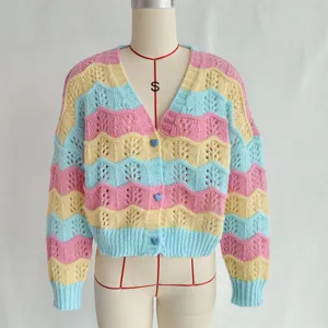 Pastel wave-patterned knit cardigan, v-neck long sleeve button-up sweater for women detail view.