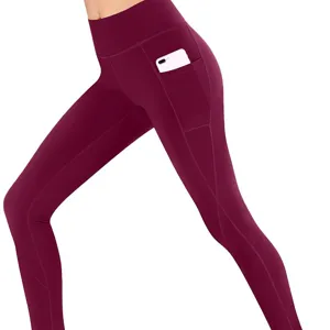 High-waisted pocket yoga pants for women activewear gym workout maroon fitness leggings