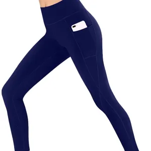 High waist yoga pants for women with side pockets athletic fitness leggings navy blue main view