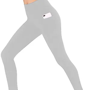 High waist side pocket yoga pants for women, solid light grey tight fitness workout leggings.