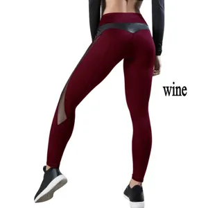 Wine red women yoga pants with mesh side panels and PU waist design for fitness workout.