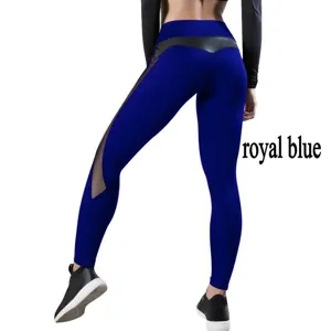 Women royal blue high waist yoga pants mesh PU patchwork fitness gym active leggings
