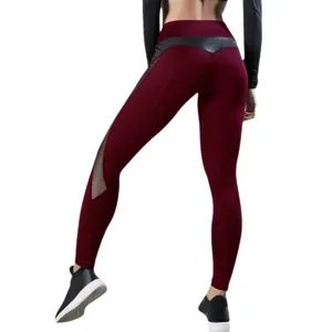 Women's high waist yoga leggings featuring mesh and PU leather splicing for a stylish fit.