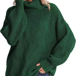 Dunkelgrüner Rollkragen Zopfmuster Pullover Damen, lässig oversize Langarm Strickpullover.