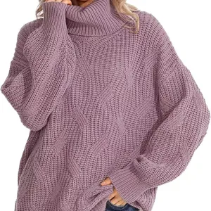 Damen lässiger einfarbiger Rollkragen Zopfmuster Pullover Strickpullover, Vorderansicht.