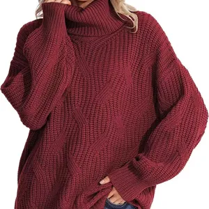 Damen Rollkragen Zopfmuster Pullover, weinrot lose lässig langarm Strickpullover Winter.