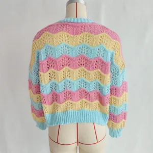 Back view of a colorful chevron colorblock hollow knit cardigan sweater with pastel tones.