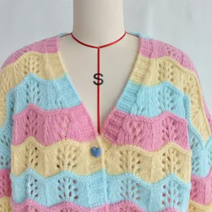 Pastel Wave Stripe Colorblock Hollow V-Neck Long Sleeve Cardigan Sweater for Women