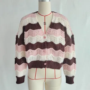 Women knit cardigan sweater v neck long sleeve wave stripe pink brown daily outerwear