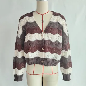 Women wave pattern colorblock hollow V-neck long sleeve knitted cardigan sweater outerwear.