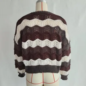 Women wave knit hollow out long sleeve cardigan sweater, stylish casual outerwear apparel.