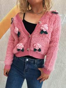 Damen rosa flauschiger Strickjacke Pullover mit 3D Blumen Applikationen süßer kurzer Mantel