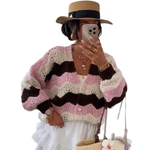 Trendy wavy colorblock hollow v-neck long sleeve knit cardigan sweater for women
