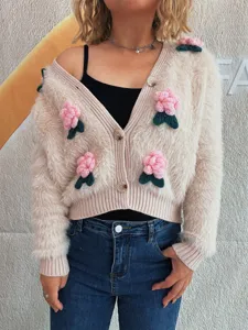 Damen süße blumen strickjacke cardigan pullover flauschig crop top langarm oberteil stil