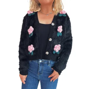 Schwarze flauschige Strickjacke Damen Pullover mit rosa 3D Blumen kurze Winter Oberbekleidung