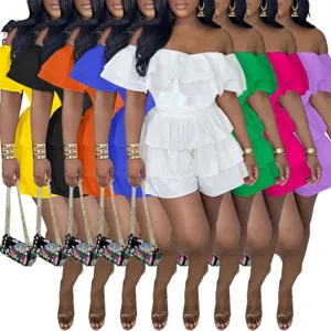 Grande taille combi-short courte plissée à volants épaules dénudées multicolore détail