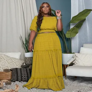 Women Plus Size Sexy Off Shoulder Crop Top And High Waist Tiered Maxi Skirt Two Piece Set Summer Casual Skirt Set Outfits