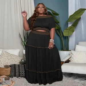 Plus size women two piece outfit crop top and tiered maxi skirt black casual set style