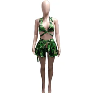 Green camo bikini three piece set women sexy halter swimsuit beach resort vacation wear