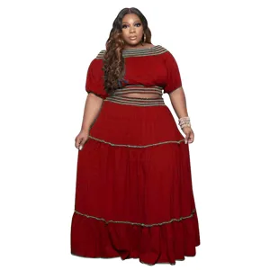 Plus size women two piece set short top high waist long skirt elegant red outfit