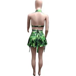 Green camo print women sexy halter top pleated skirt casual two piece set vacation wear