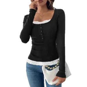 Women's black long sleeve ribbed top with delicate white lace trim and front buttons.