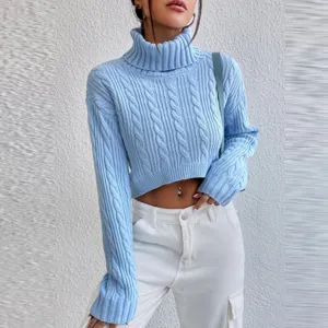 Women Turtleneck Long Sleeve Cable Knit Cropped Sweater Acrylic Pullover Solid Color Streetwear Autumn Winter Short Top