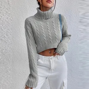 Grey turtleneck cable knit crop sweater for women, long sleeve autumn winter pullover top.