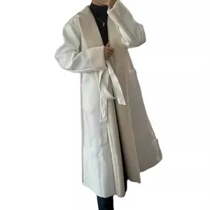 Women long winter leather shearling trench coat casual thick warm outwear detail view