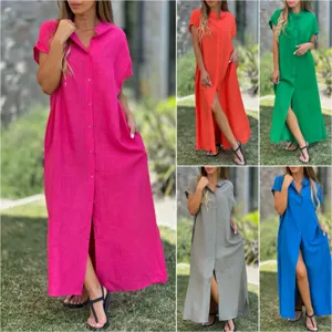 Detailed view of women casual solid color linen maxi shirt dress in multiple color options.