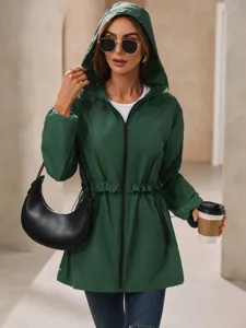 Women stylish dark green hooded jacket with drawstring waist and zipper for autumn.