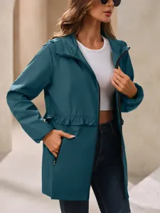 Stylish womens hooded windbreaker jacket casual waterproof outerwear with pockets for autumn.