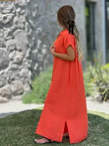 Details of orange linen-blend short sleeve long maxi dress, casual loose summer shirt dress.